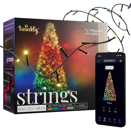 Twinkly Strings LED Lichterkette 600 RGB+W Schwarz - Innen/Aussen. Flexibles schwarzes Kabel mit LEDs zur Dekoration.