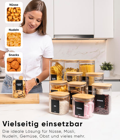Deco haus Vorratsgläser eckig, 12er Set mit luftdichtem Bambusdeckel