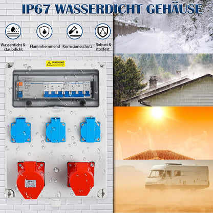 Warmfay Wandverteiler Baustromverteiler 3x 230V CEE 16A/32A FI/LS IP67