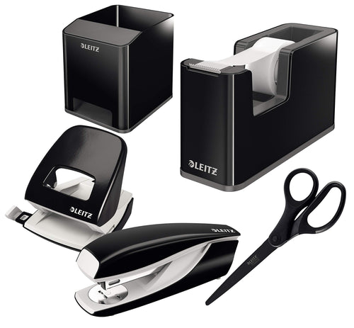 Leitz Wow Schreibtisch-Accessoires Komplett-Set – Schwarz. Schwarze Utensilien zur Organisation und Ablage von Büromaterial am Arbeitsplatz.