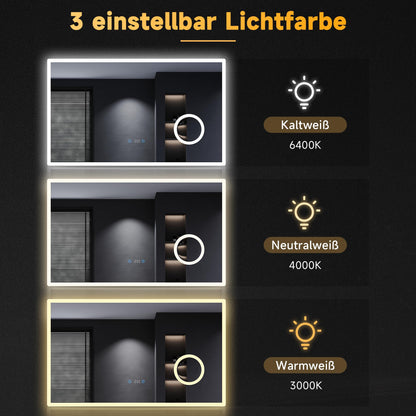 SONNI LED Lichtspiegel 100x60cm - 3 Lichtfarben, Uhr, Vergrösserung