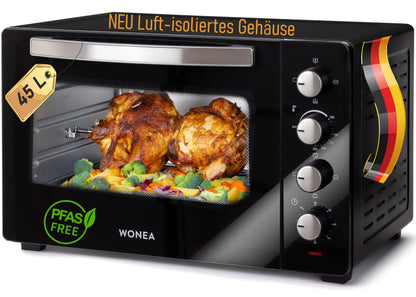 ProBake Minibackofen 45 Liter Umluft Drehspiess 2000W Glasfront. Kompakter Ofen zum Backen und Braten von Speisen.