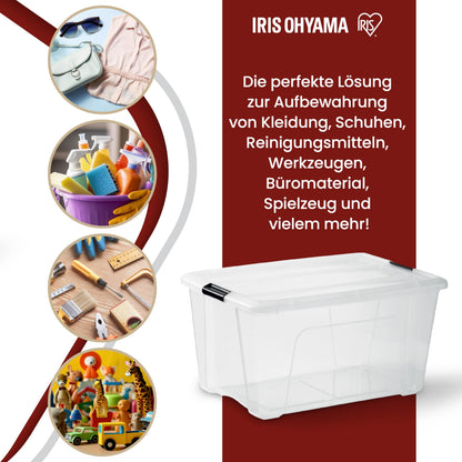 Iris Ohyama Aufbewahrungsbox mit Deckel, 45 L, 4er-Set, transparent