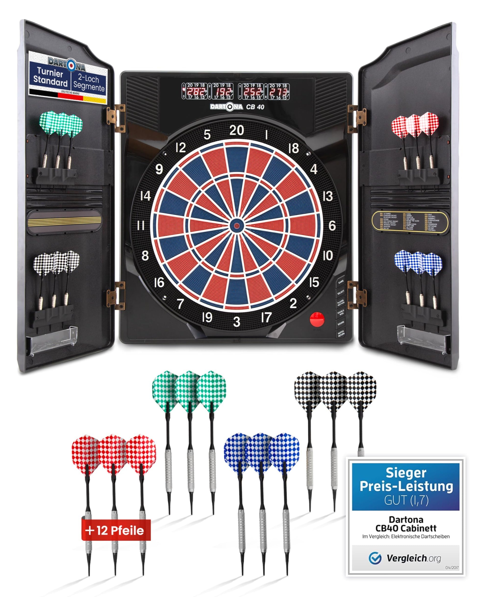 Dartona CB40 Elektronische Dartscheibe - mit Cabinett. Schwarzes Rechteck-Cabinett, rundes Dartboard. Für elektronisches Dartspiel.
