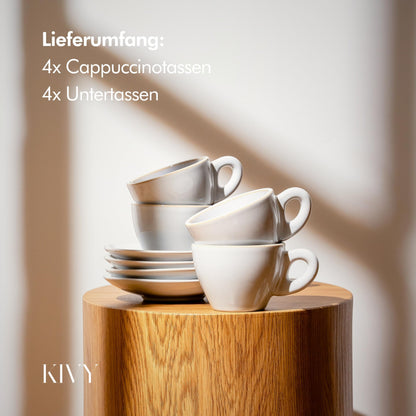KIVY Cappuccino Tassen 4er Set aus Steingut mit Untertassen, grau
