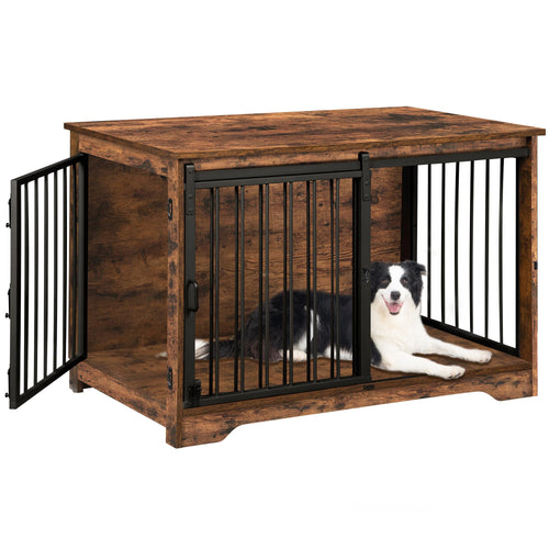 Hzuaneri Hundebox Holz 100cm - Vintagebraun mit Schiebetüren. Rechteckiger Holzkorpus in Vintagebraun. Dient Hunden als Rückzugsort und Möbelstück im Wohnraum.