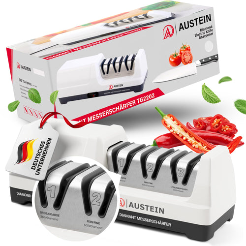 AUSTEIN® TG2202 Elektrischer Diamant Messerschärfer 3 Phasen 20°. Kompaktes, dunkles Gerät für präzises Schärfen von Küchenmessern.