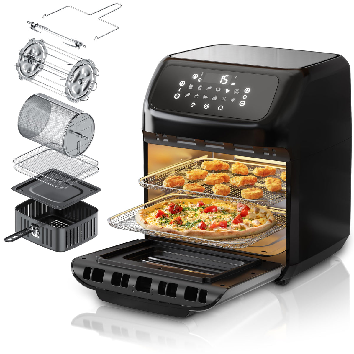 Arendo Heissluftfritteuse XXL Multifunktion 12L LED Touchscreen, großes 12L Modell mit LED Touchscreen. Frittiert, backt, grillt mit Heissluft.