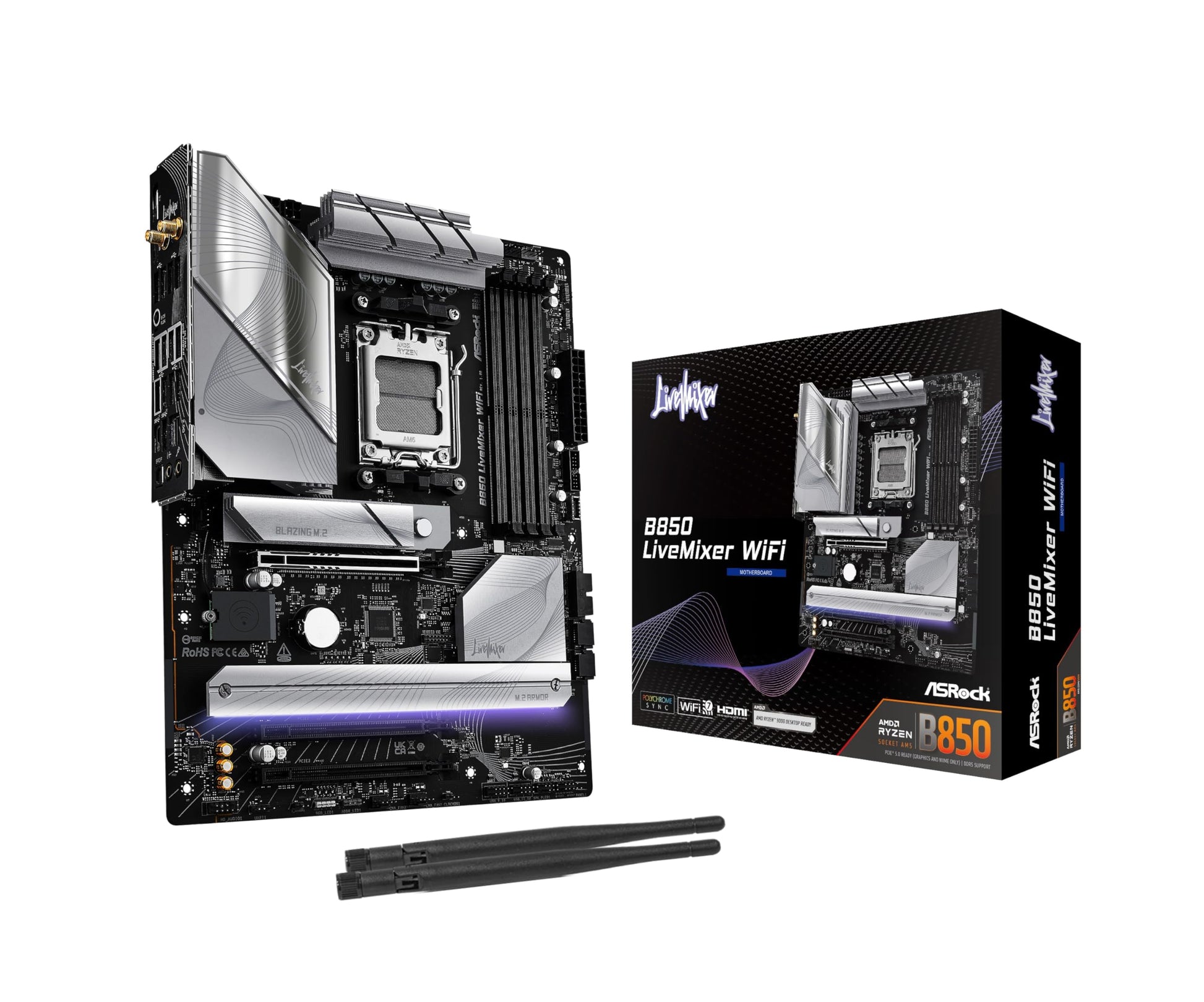 Asrock B850 LiveMixer PC Mainboard mit integriertem WiFi Modul. Rechteckige, dunkle Platine mit Komponenten. Verbindet PC-Komponenten für Live-Streaming-PCs.