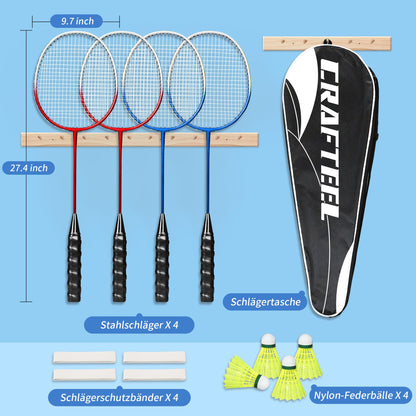 Crafteel Badminton-Set: 4 Schläger, 4 Federbälle und Tragetasche