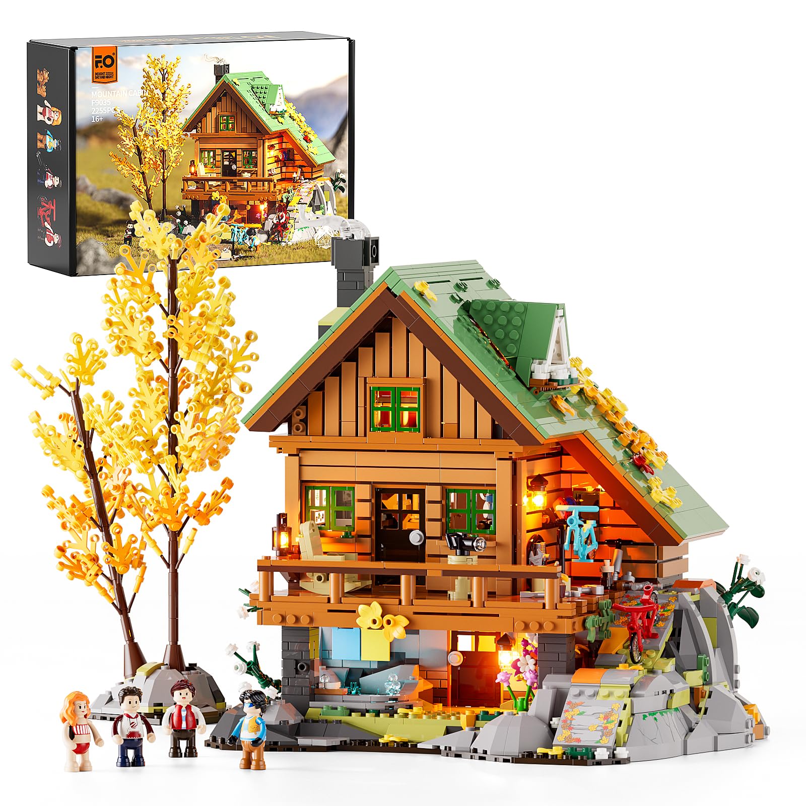 FUNWHOLE Mountain Cabin Klemmbaustein-Set – 2255 Teile LED. Detailgetreues Berghütten-Modell mit LED-Beleuchtung zur Montage.