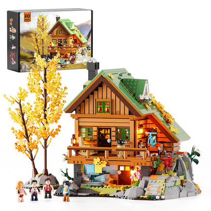 FUNWHOLE Mountain Cabin Klemmbaustein-Set – 2255 Teile LED. Detailgetreues Berghütten-Modell mit LED-Beleuchtung zur Montage.