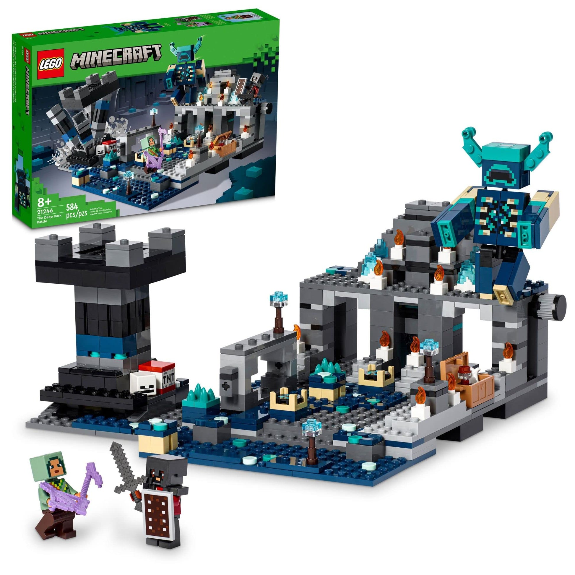 LEGO® Minecraft 21246 Das Duell in der Finsternis Set: Baustein-Modell einer dunklen Minecraft-Kampfszene mit Minifiguren und Leuchtelementen.