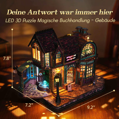 FUNPOLA 3D Holzpuzzle Magischer Buchladen mit LED, Miniatur-Bausatz