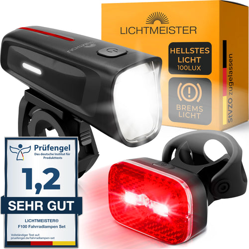 LICHTMEISTER Fahrradlicht 100 Lux LED mit Bremslicht, USB-C, StVZO – Frontlicht mit Reflektor