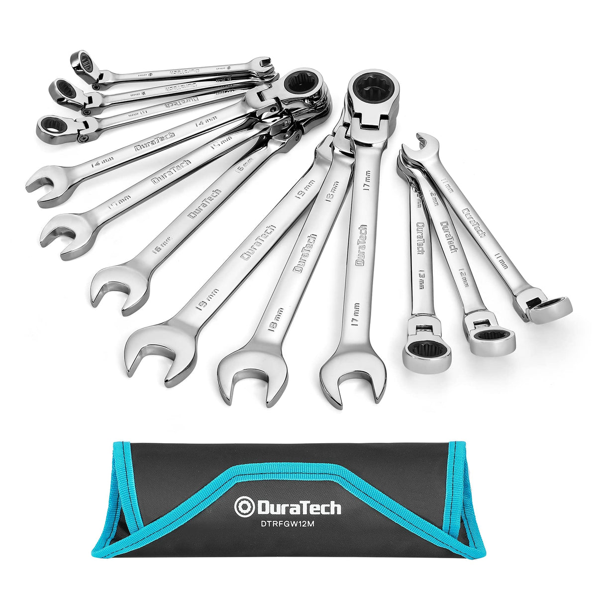 DURATECH Gelenk-Ratschenschlüssel Set 12-teilig 8-19 mm mit Rolltasche aus Chrom-Vanadium-Stahl, poliert