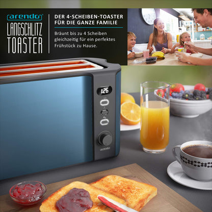 Arendo Frukost Langschlitztoaster Edelstahl 4 Scheiben Admiral Blau
