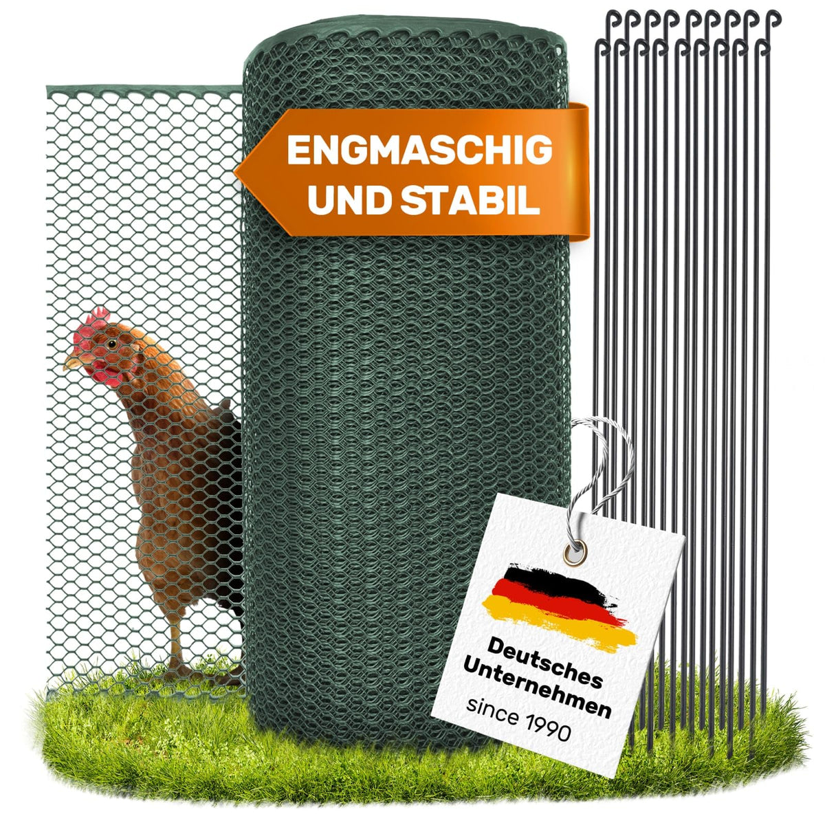 SELFmania Hühnerzaun 25 m, 90 cm hoch, grün, inkl. Stäbe und Erdanker – engmaschiges Netz mit Metallstäben