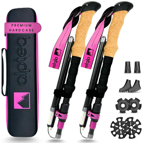 Alpteq Wanderstöcke faltbar Carbon Korkgriff Hot Pink 100-120cm. Faltbare, hot-pink Carbon-Stöcke mit Korkgriff für Stabilität beim Wandern.