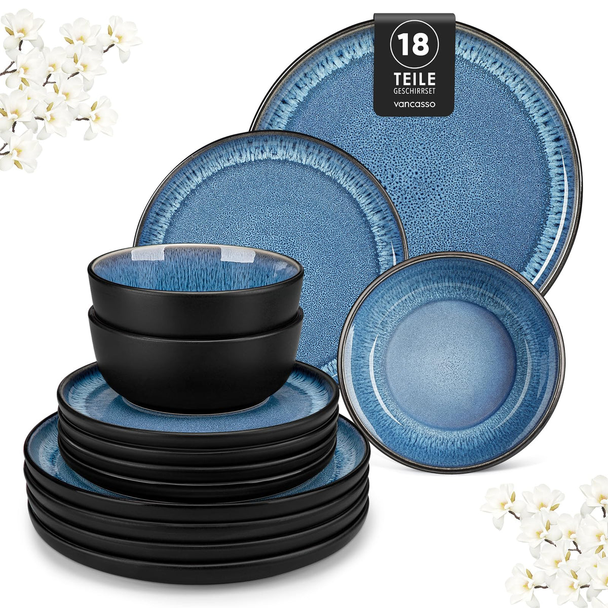 vancasso PLAYA Steingut Geschirrset 18tlg für 6 P. - Blau. Blaues Steingut-Set mit Tellern und Schalen zum Servieren von Speisen für 6 Personen.