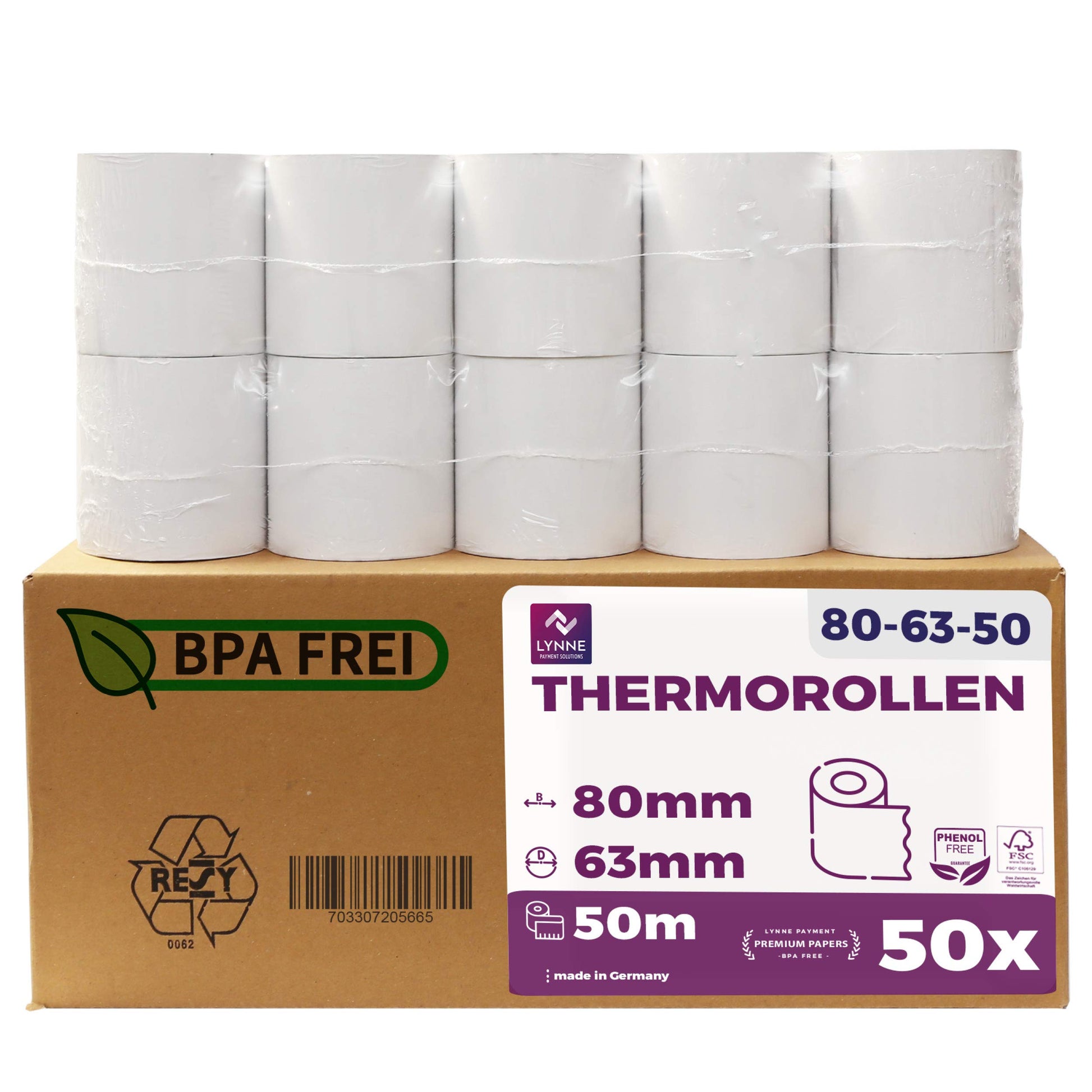 Thermorollen 80x50m x 12mm Bon- & Kassenrollen BPA-frei - 50 Rollen. Zylindrisch, weiß für den Druck von Kassenbelegen.