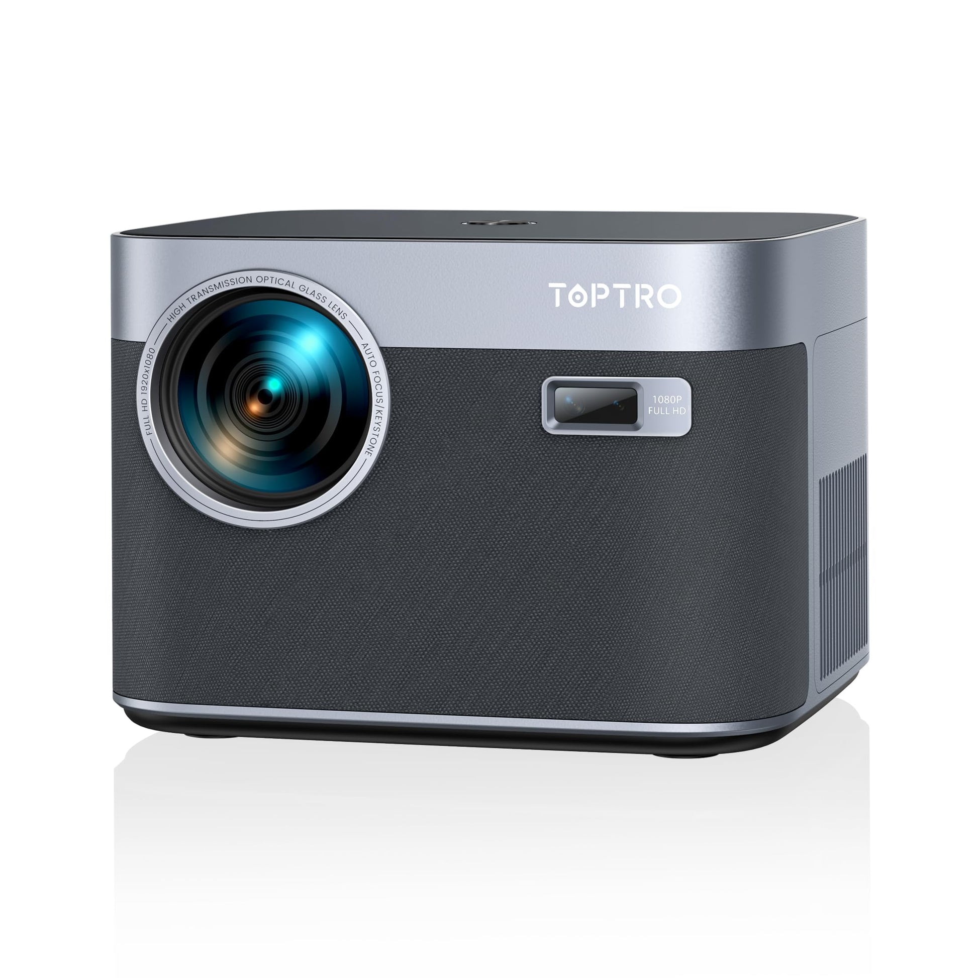 TOPTRO Heimkino Beamer 1080P 25000 Lumen 4K Unterstützung, schwarzes, rechteckiges Gehäuse. Zur Videoprojektion im Heimkino.