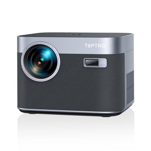 TOPTRO Heimkino Beamer 1080P 25000 Lumen 4K Unterstützung, schwarzes, rechteckiges Gehäuse. Zur Videoprojektion im Heimkino.