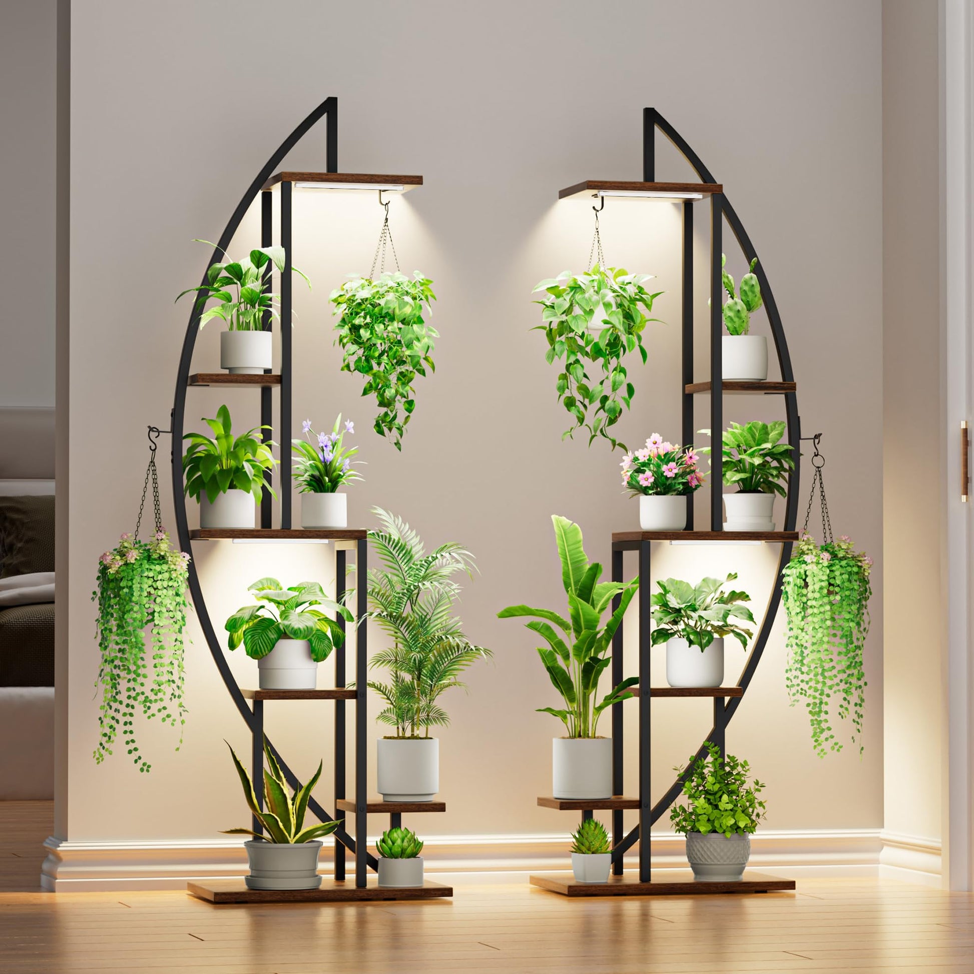 BACEKOLL 6 Ebenen Blumenständer mit Wachstumslichtern Schwarz 2er-Set. Schwarzer, sechsstufiger Pflanzenständer für optimale Pflanzenzucht und Beleuchtung.