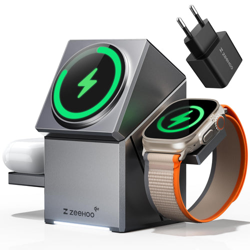 ZEEHOO CubeTrick-X 3-in-1 Ladestation - Apple Magsafe Qi2: Kubische Form. Lädt 3 Apple-Geräte kabellos mit Magsafe & Qi2.