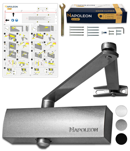 NAPOLEON N-1000 Automatischer Türschliesser Grösse 3 - Silber. Kompaktes, silbernes Gehäuse. Reguliert selbsttätiges Schliessen von Türen.