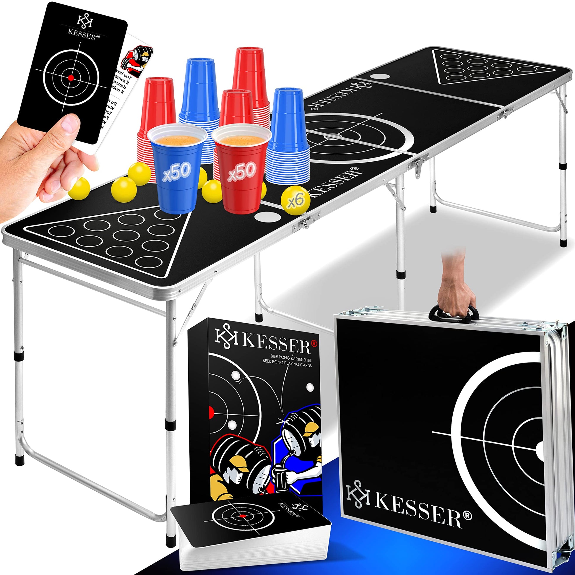 KESSER Beer Pong Tisch Set: Rechteckige, klappbare und höhenverstellbare Spieloberfläche zum Spielen von Beer Pong. Inkl. Kartenspiel.