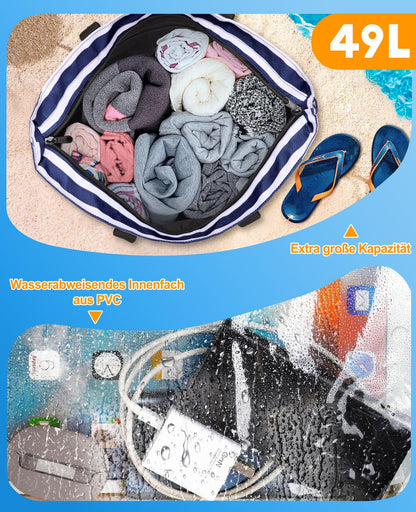 ISEYOU XXL Strandtasche mit Kühltasche, 49L, wasserdicht, faltbar