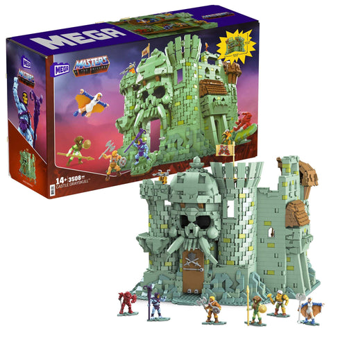 Mega Masters of the Universe Castle Grayskull Bauset. Grün-graues Burgmodell mit Schädelportal, zum Bau einer detailgetreuen Festung.