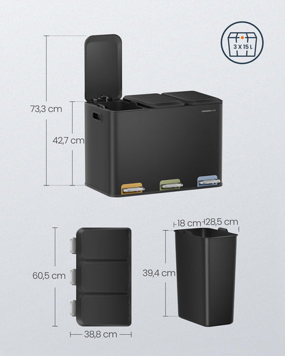 SONGMICS HOME LTB740B02V1 Mülltrennsystem 3x15L - Tintenschwarz