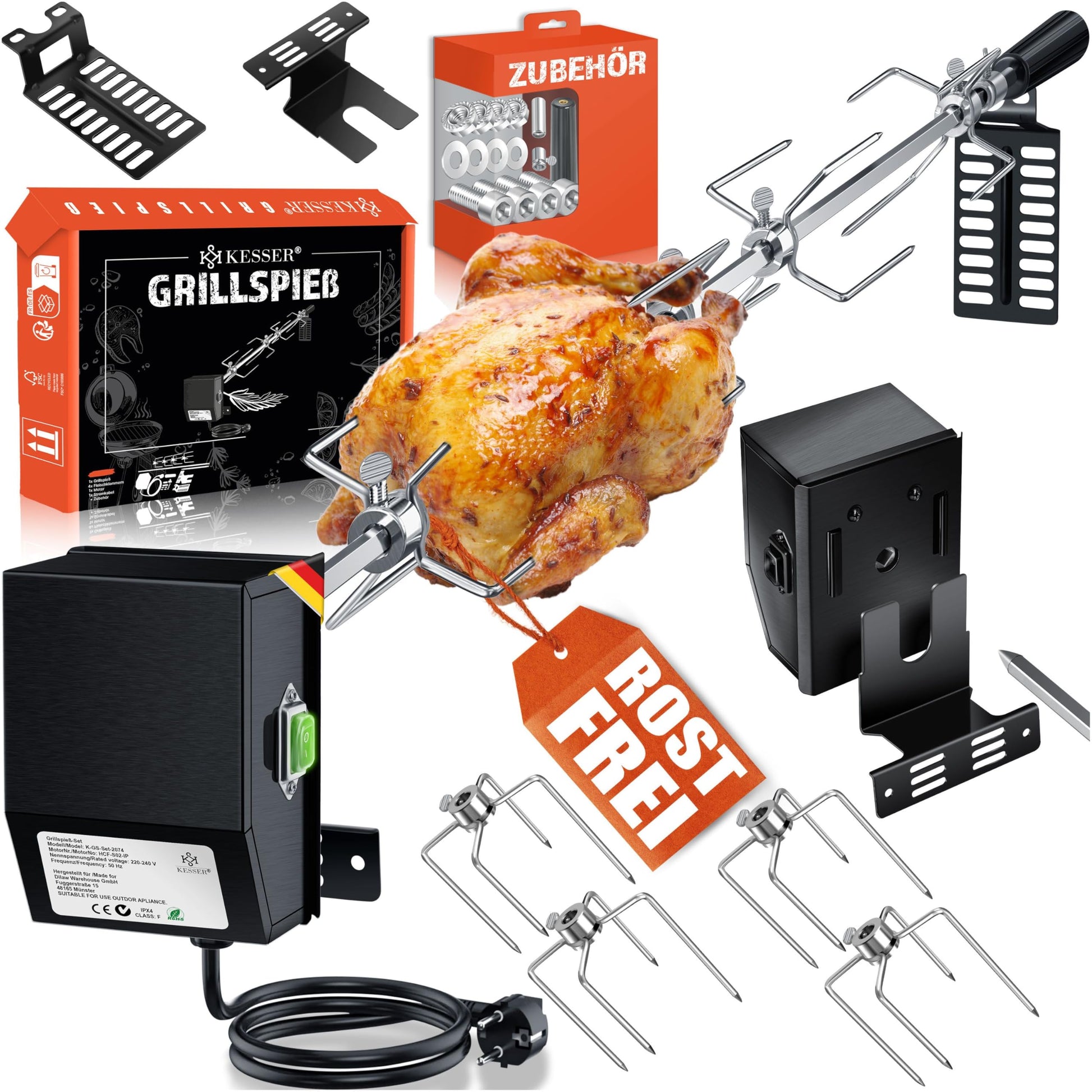 KESSER® elektrischer Edelstahl Grillspieß Set 107cm für Weber Spirit. Motorbetriebener Metallspieß für rotierendes Grillgut.