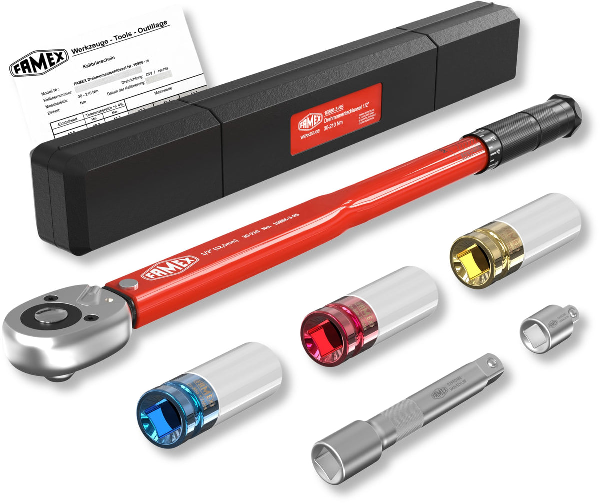 FAMEX 10886-3-RS Drehmomentschlüssel Set 1/2 Zoll 30-210 Nm mit Schoneinsätzen aus Chrom-Molybdän-Stahl