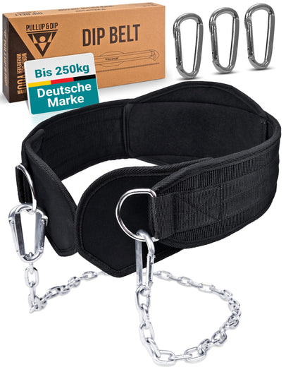 PULLUP & DIP Dip Gürtel mit Kette und 3 Karabinern, Gewichtsgürtel aus Nylon mit Stahlkette für Dips