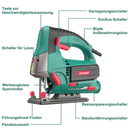 HYCHIKA Stichsäge 800W mit Laser, 110 mm Schnitttiefe, 6 Blätter