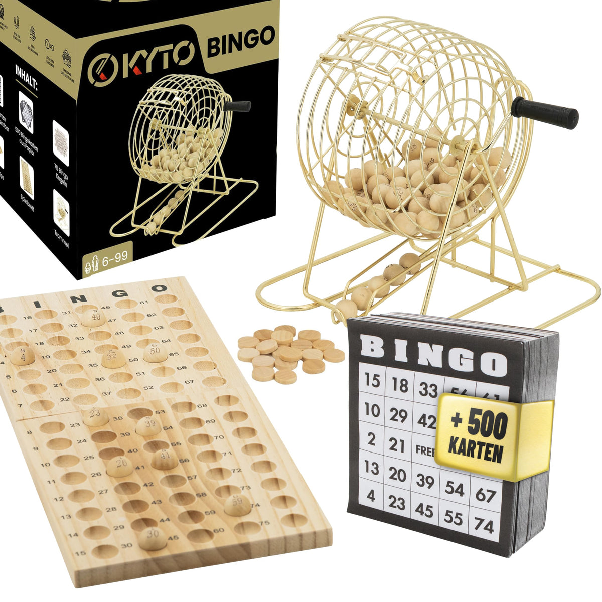 Kyto Bingo Trommel XXL Gold – Spielset mit 75 Kugeln und Karten, Metalltrommel in Goldoptik mit Kurbelmechanismus
