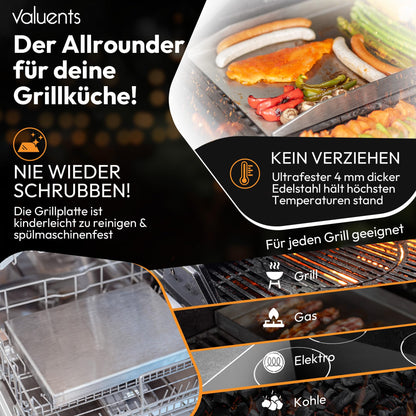 valuents Grillplatte Plancha Edelstahl 30 x 20 cm mit Grillspachtel