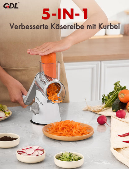 GDL Käsereibe mit Kurbel, Trommelreibe mit 5 Trommelblättern, Grau