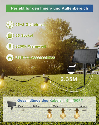 Zuske Solar-Lichterkette Aussen 15 m, 25+2 G40 LED warmweiss IP65