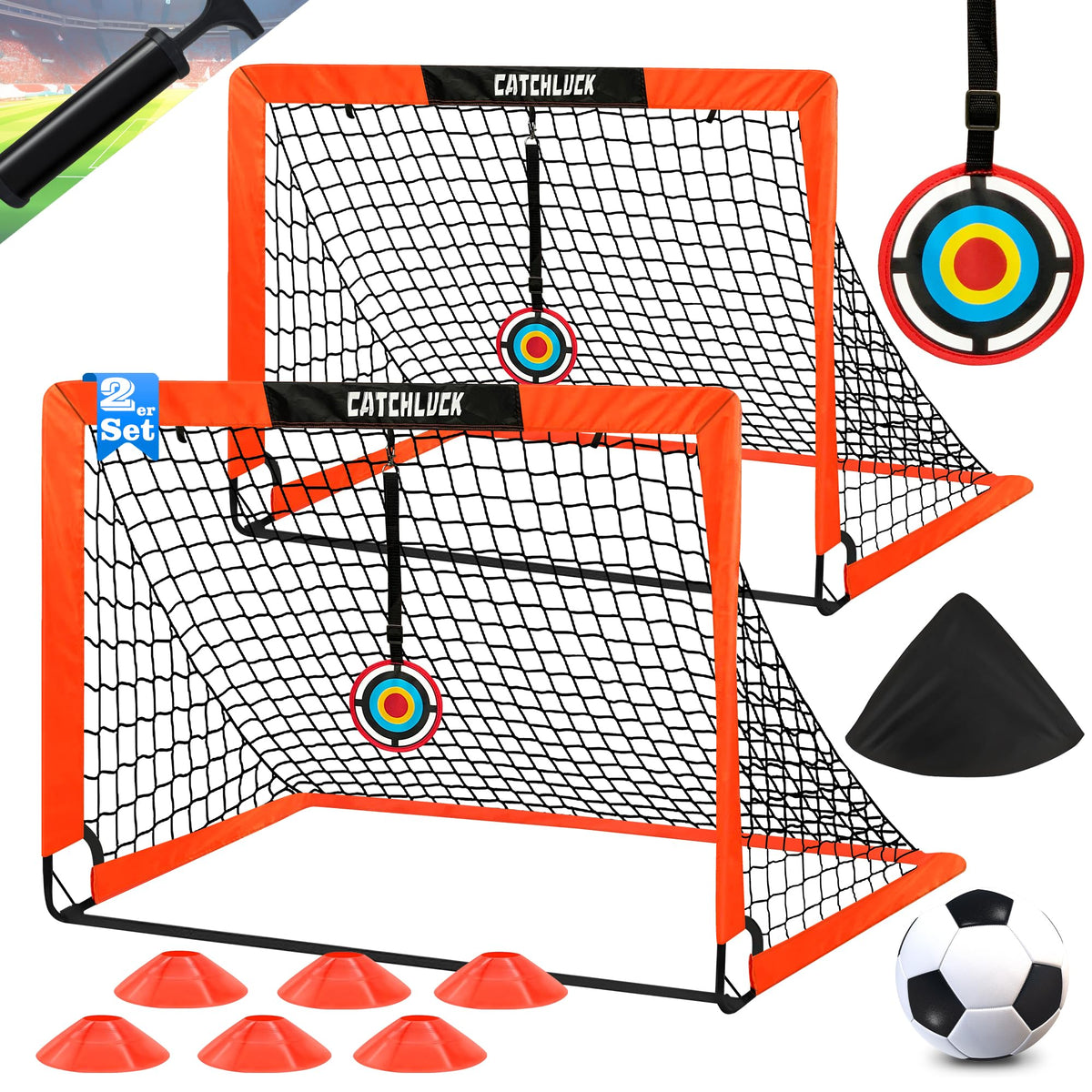 CATCHLUCK Fussballtor Kinder Pop Up 2er Set mit Fussball und Kegeln