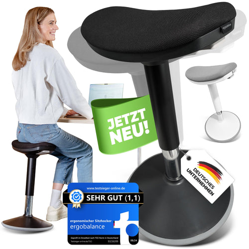 ergobalance Ergonomischer 3-in-1 Sitzhocker, Bürohocker – Schwarz. Runder, schwarzer Hocker für dynamisches Sitzen im Büro.