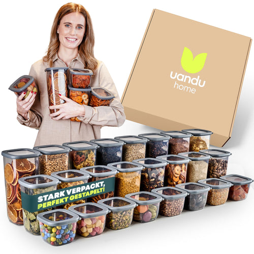 uandu Vorratsdosen Set 24-teilig, luftdicht, BPA-frei mit Etiketten – transparente Behälter mit grauen Deckeln