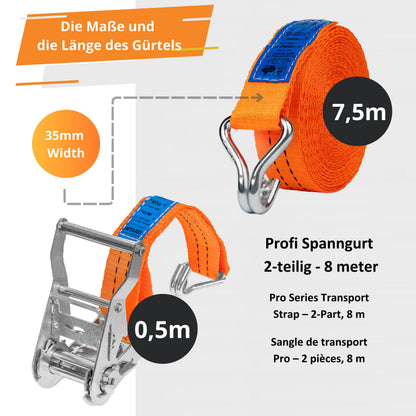 INTAKO Ratschenspanngurte mit Haken 8 m, 2000 kg, 4 Stück, orange