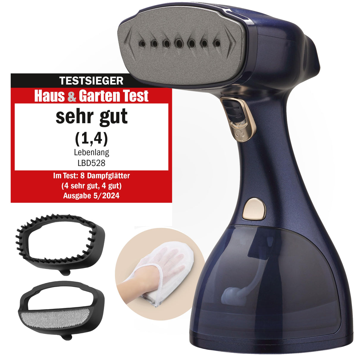 LEBENLANG Dampfglätter LBD528R mit 1500 W, 300 ml Tank, Rosa inklusive Bügelhandschuh und Aufsteckbürsten