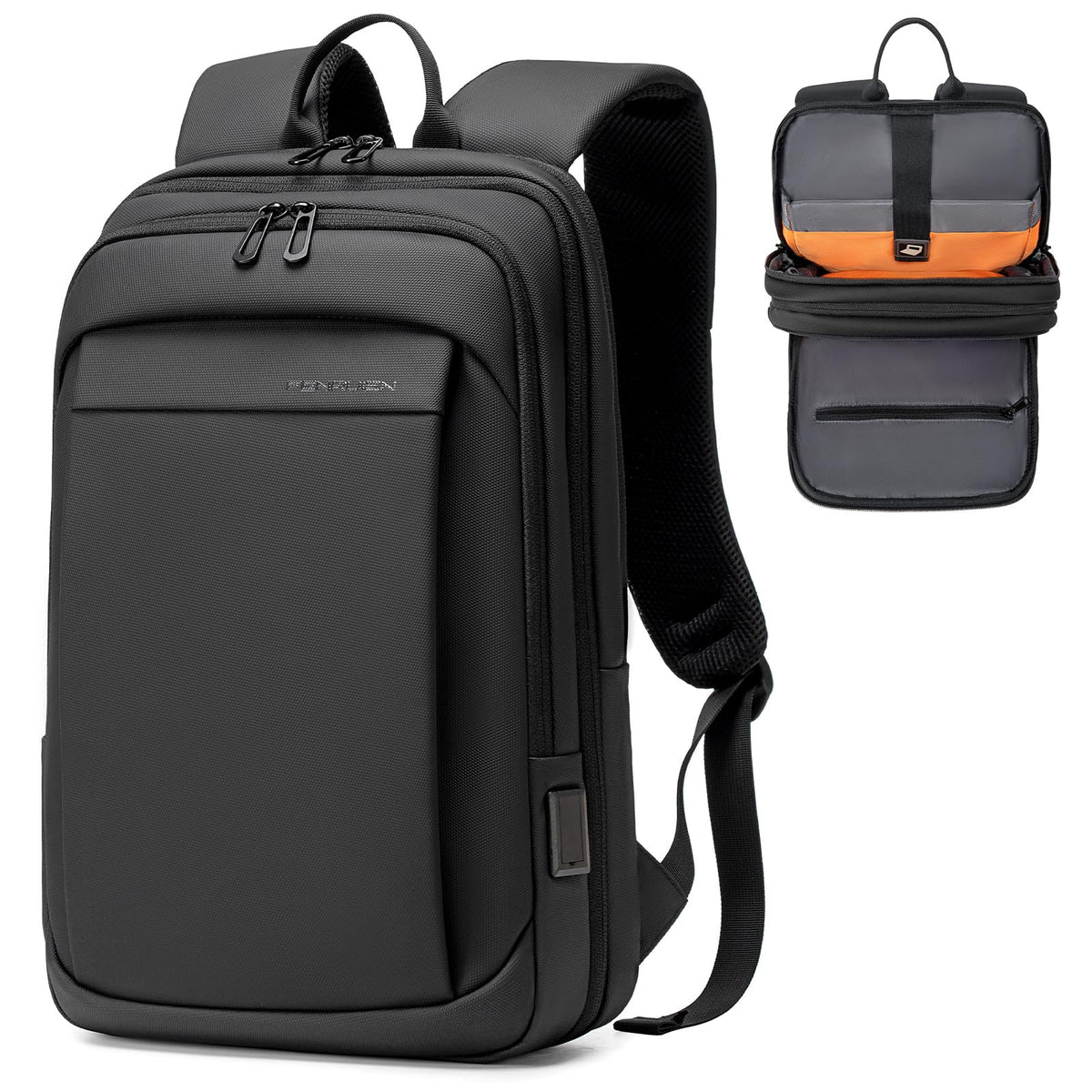 Fenree.geer Laptop Rucksack 15,6 Zoll mit USB, erweiterbar, schwarz, schmale Bauform
