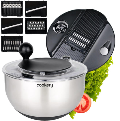 Cookery Salatschleuder Edelstahl 4,5 L mit Gemüsehobel, 5 Klingen, Edelstahlschüssel mit Deckel und Kurbel