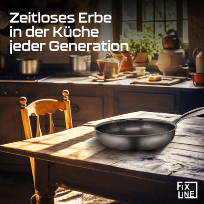 FIXLINE® Black Forest Bratpfanne 28cm - kratzfeste Antihaftbeschichtung ohne PFAS- hoher Rand 6,5cm - alle Herdarten inkl. Induktion - Backofen geeignet bis 230°C - Perfekte Geschenkidee